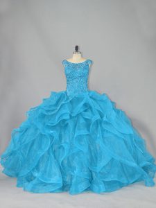 Beauteous Lace Up Quinceanera Dresses Aqua Blue for Sweet 16 and Quinceanera with Beading and Ruffles Brush Train