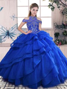 Hot Sale Beading and Ruffled Layers Sweet 16 Dresses Royal Blue Lace Up Sleeveless Floor Length