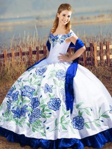 Blue And White Quinceanera Dress Sweet 16 and Quinceanera with Embroidery and Ruffles Off The Shoulder Sleeveless Lace Up