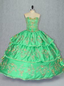Green Ball Gowns Sweetheart Sleeveless Satin and Organza Floor Length Lace Up Embroidery and Ruffled Layers Quinceanera Dress