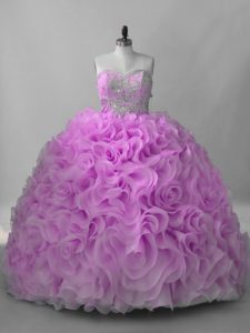 Colorful Brush Train Ball Gowns Quinceanera Gowns Lilac Sweetheart Fabric With Rolling Flowers Sleeveless Lace Up