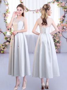 Exquisite Scoop Sleeveless Lace Up Court Dresses for Sweet 16 Silver Satin