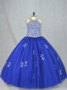 Blue Lace Up Halter Top Beading Quinceanera Gowns Tulle Sleeveless