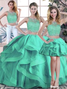 Luxury Turquoise Tulle Zipper Quinceanera Dresses Sleeveless Floor Length Beading and Ruffles
