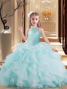 Fashion Sleeveless Brush Train Lace Up Beading and Ruffles Little Girl Pageant Gowns