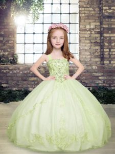 Ideal Yellow Green Lace Up Straps Beading Kids Formal Wear Tulle Sleeveless