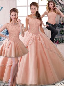 Peach Off The Shoulder Neckline Beading Quinceanera Gown Sleeveless Lace Up