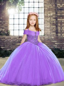High End Lavender Sleeveless Brush Train Beading Little Girl Pageant Gowns