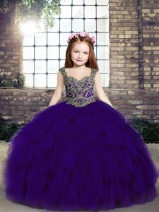 Floor Length Ball Gowns Sleeveless Purple Child Pageant Dress Lace Up