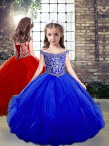High End Beading Girls Pageant Dresses Royal Blue Side Zipper Sleeveless Floor Length