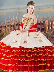 Fancy Ball Gowns Quinceanera Gowns White And Red Sweetheart Organza Sleeveless Floor Length Lace Up