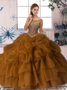 Sleeveless Organza Brush Train Zipper Quinceanera Dresses in Brown with Beading and Pick Ups