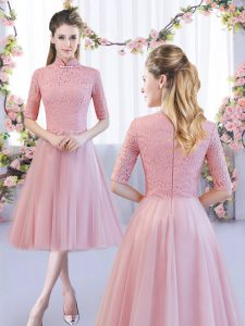 Extravagant Pink High-neck Zipper Lace Vestidos de Damas Half Sleeves
