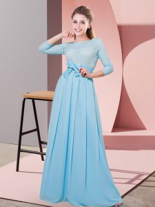 Sophisticated 3 4 Length Sleeve Chiffon Floor Length Side Zipper Damas Dress in Baby Blue with Lace and Belt