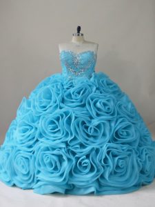 Best Selling Sleeveless Fabric With Rolling Flowers Brush Train Side Zipper Quinceanera Dresses in Baby Blue with Beading
