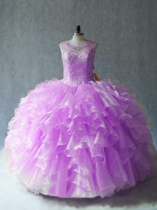 Sleeveless Organza Floor Length Lace Up 15th Birthday Dress in Lilac with Beading and Ruffles