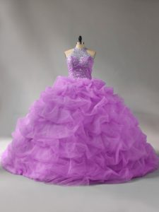 Lace Up Quince Ball Gowns Lilac for Sweet 16 and Quinceanera with Beading and Pick Ups Court Train
