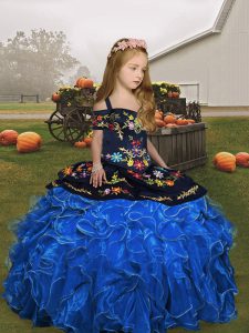 Blue Ball Gowns Embroidery and Ruffles Little Girl Pageant Gowns Lace Up Organza Sleeveless Floor Length