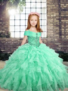 Apple Green Ball Gowns Beading and Ruffles Pageant Gowns For Girls Lace Up Organza Sleeveless Floor Length