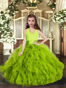 Green Lace Up Halter Top Ruffles Girls Pageant Dresses Tulle Sleeveless