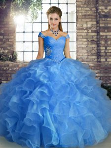 Customized Blue Organza Lace Up Off The Shoulder Sleeveless Floor Length Quinceanera Dresses Beading and Ruffles
