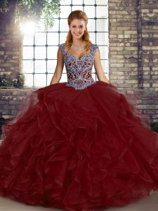Delicate Wine Red Straps Neckline Beading and Ruffles Quinceanera Dress Sleeveless Lace Up