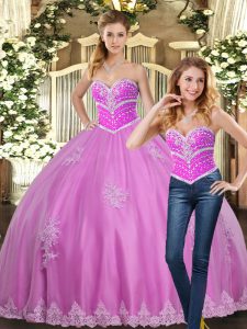 Top Selling Lilac Ball Gowns Tulle Sweetheart Sleeveless Beading and Appliques Floor Length Lace Up Sweet 16 Dress