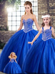 Blue Tulle Lace Up Ball Gown Prom Dress Sleeveless Brush Train Beading