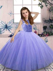 Simple Lavender Lace Up Scoop Beading Kids Formal Wear Tulle Sleeveless
