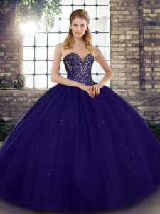 Floor Length Lace Up Vestidos de Quinceanera Purple for Military Ball and Sweet 16 and Quinceanera with Beading