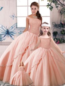 Sleeveless Brush Train Beading Lace Up Quince Ball Gowns