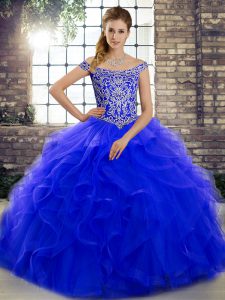 Sleeveless Brush Train Lace Up Beading and Ruffles Quinceanera Gowns