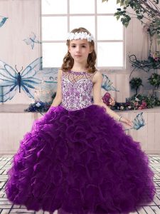 Latest Purple Lace Up Scoop Beading and Ruffles Little Girl Pageant Dress Organza Sleeveless