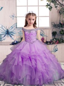 Perfect Lilac Child Pageant Dress Party and Sweet 16 and Wedding Party with Beading and Ruffles Off The Shoulder Sleeveless Lace Up