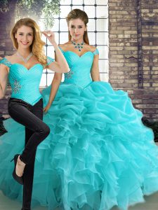 Super Aqua Blue 15th Birthday Dress Military Ball and Sweet 16 and Quinceanera with Beading and Ruffles and Pick Ups Off The Shoulder Sleeveless Lace Up