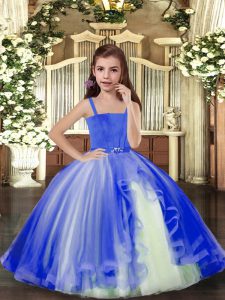 Amazing Tulle Straps Sleeveless Lace Up Beading Glitz Pageant Dress in Blue