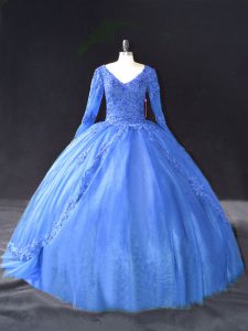 Comfortable Blue Ball Gowns Tulle V-neck Long Sleeves Lace and Appliques Floor Length Lace Up Vestidos de Quinceanera
