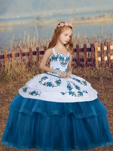 Floor Length Blue Glitz Pageant Dress Straps Sleeveless Lace Up