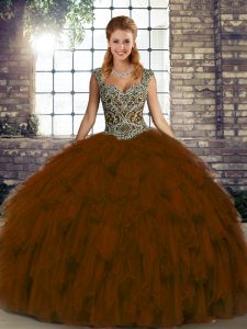 Excellent Beading and Ruffles Sweet 16 Quinceanera Dress Brown Lace Up Sleeveless Floor Length