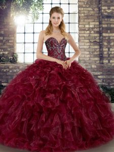 Burgundy Ball Gowns Beading and Ruffles Quinceanera Dress Lace Up Organza Sleeveless Floor Length