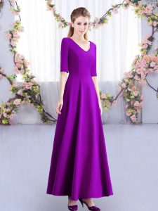Great Eggplant Purple Satin Zipper V-neck Half Sleeves Ankle Length Quinceanera Court of Honor Dress Ruching