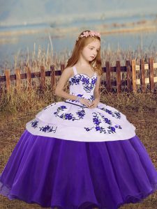 Straps Sleeveless Kids Formal Wear Floor Length Embroidery Eggplant Purple and Purple Organza