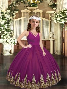 High Class Sleeveless Tulle Floor Length Zipper Child Pageant Dress in Purple with Embroidery