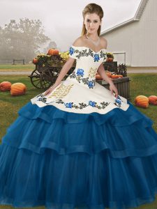 Custom Made Blue 15 Quinceanera Dress Military Ball and Sweet 16 and Quinceanera with Embroidery and Ruffled Layers Off The Shoulder Sleeveless Brush Train Lace Up