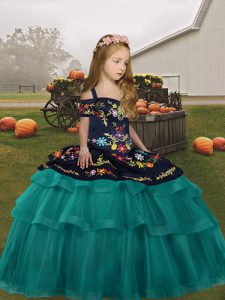 Floor Length Teal Little Girls Pageant Dress Wholesale Tulle Sleeveless Embroidery and Ruffled Layers