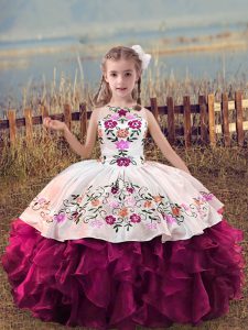 Romantic Fuchsia Sleeveless Floor Length Embroidery and Ruffles Lace Up High School Pageant Dress