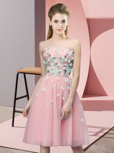 Sleeveless Tulle Knee Length Lace Up Quinceanera Dama Dress in Pink with Appliques