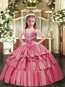 Fashionable Straps Sleeveless Little Girl Pageant Dress Floor Length Beading Red Taffeta