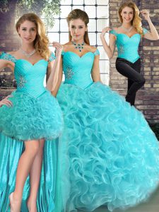 Aqua Blue Three Pieces Fabric With Rolling Flowers Off The Shoulder Sleeveless Beading Floor Length Lace Up Quinceanera Dresses