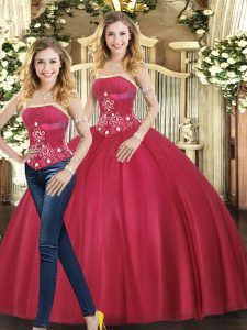 Dynamic Floor Length Lace Up Sweet 16 Dresses Red for Sweet 16 and Quinceanera with Beading